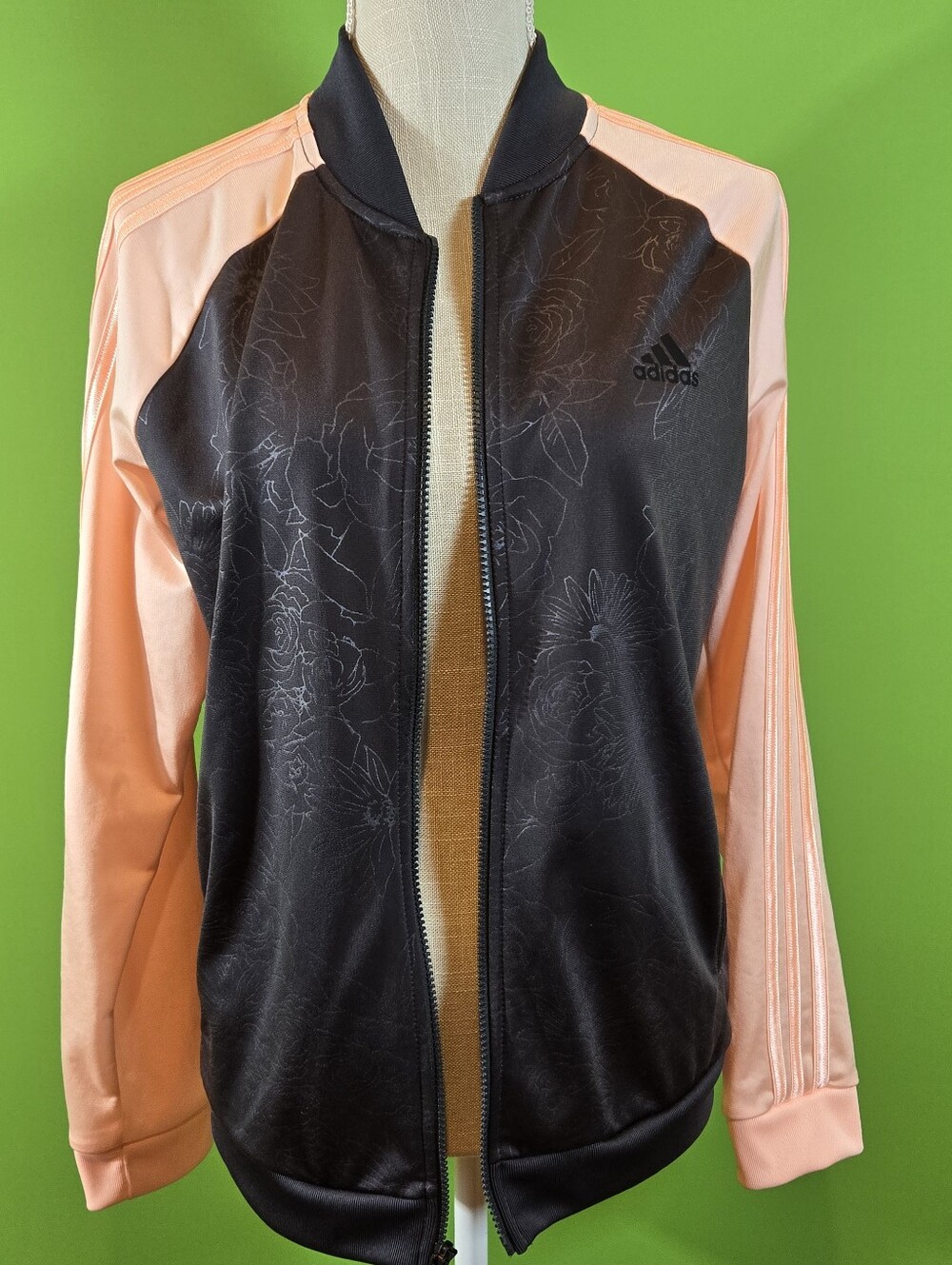 Adidas Track Jacket Womens MEDIUM Black Shiny Roses Peach Coral Full Zip Pockets